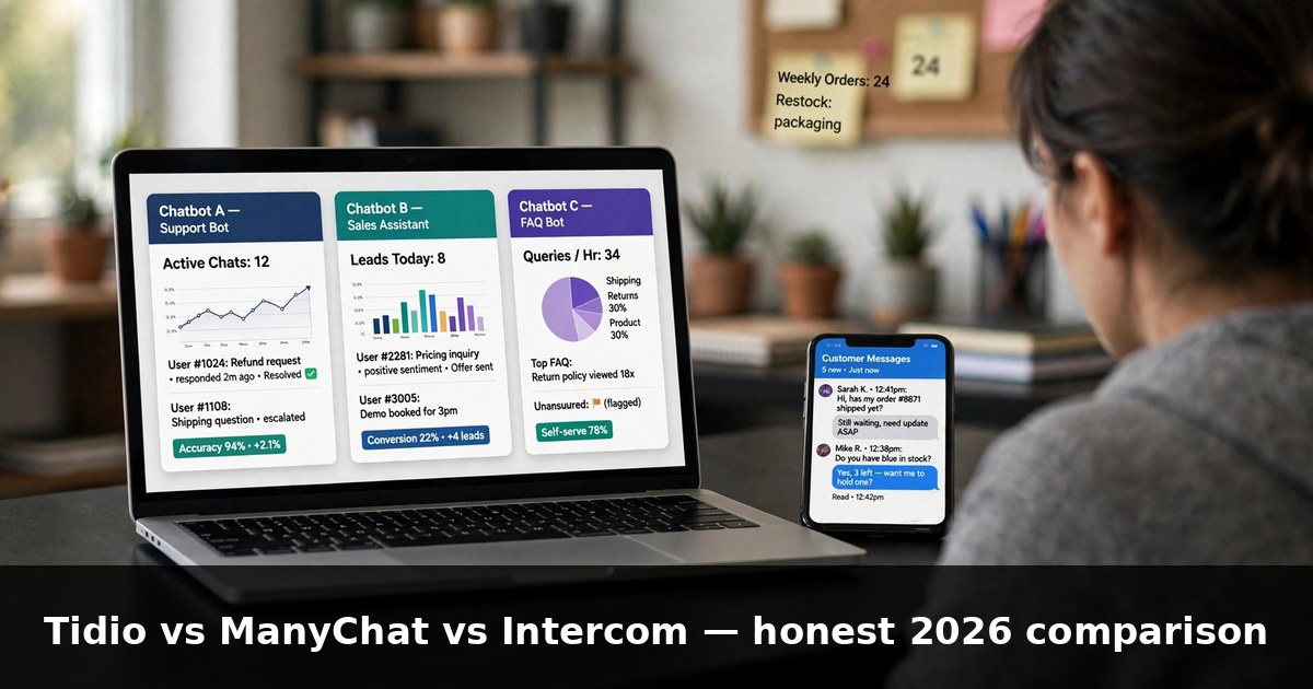 Small business owner comparing Tidio, ManyChat and Intercom chatbot platforms on a laptop