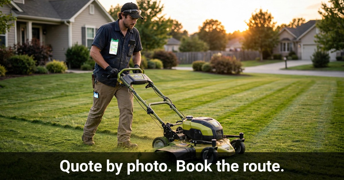 Landscaper mowing a lawn at sunset while his phone buzzes with new WhatsApp quote requests — WhatsApp automation for landscapers quotes jobs by photo and books the route