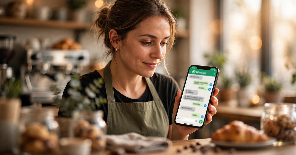 Small business owner checking WhatsApp automation messages on her phone in a cafe — Best WhatsApp Automation Tools for Small Businesses (2026)