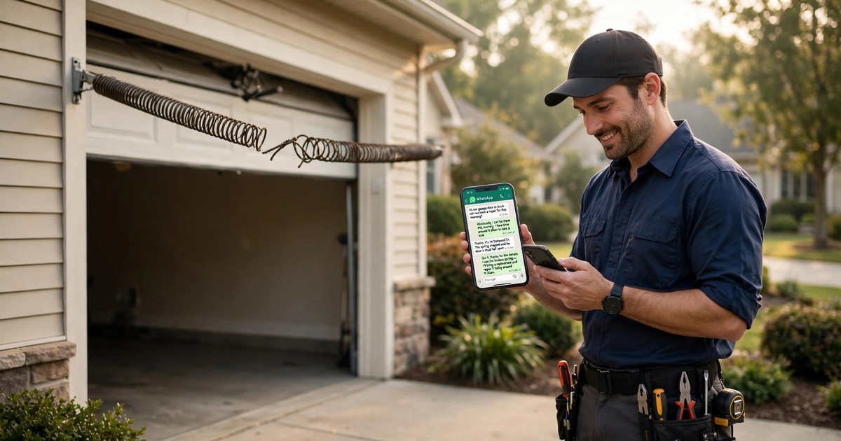 A garage door technician in a navy work shirt inspecting a broken torsion spring on a half-open residential garage door, while a customer holds up a smartphone showing a WhatsApp chat — illustrating WhatsApp automation for garage door companies.