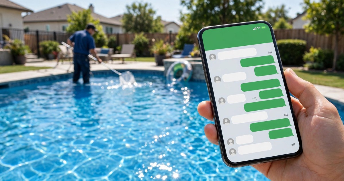 A pool service technician skimming a sparkling backyard swimming pool while a hand holds a smartphone showing a WhatsApp chat about scheduling a pool cleaning visit.