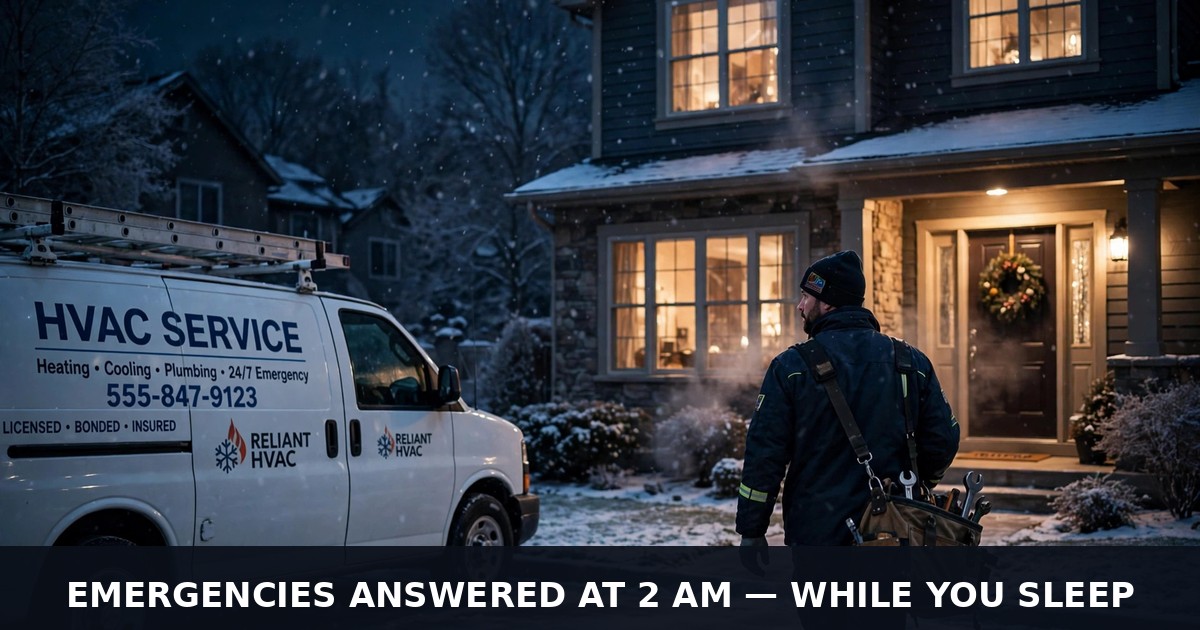 An HVAC service van outside a warmly lit suburban home on a snowy winter night while a technician walks to the door with a tool bag — illustrating WhatsApp automation answering a 2 AM no-heat emergency for HVAC companies.