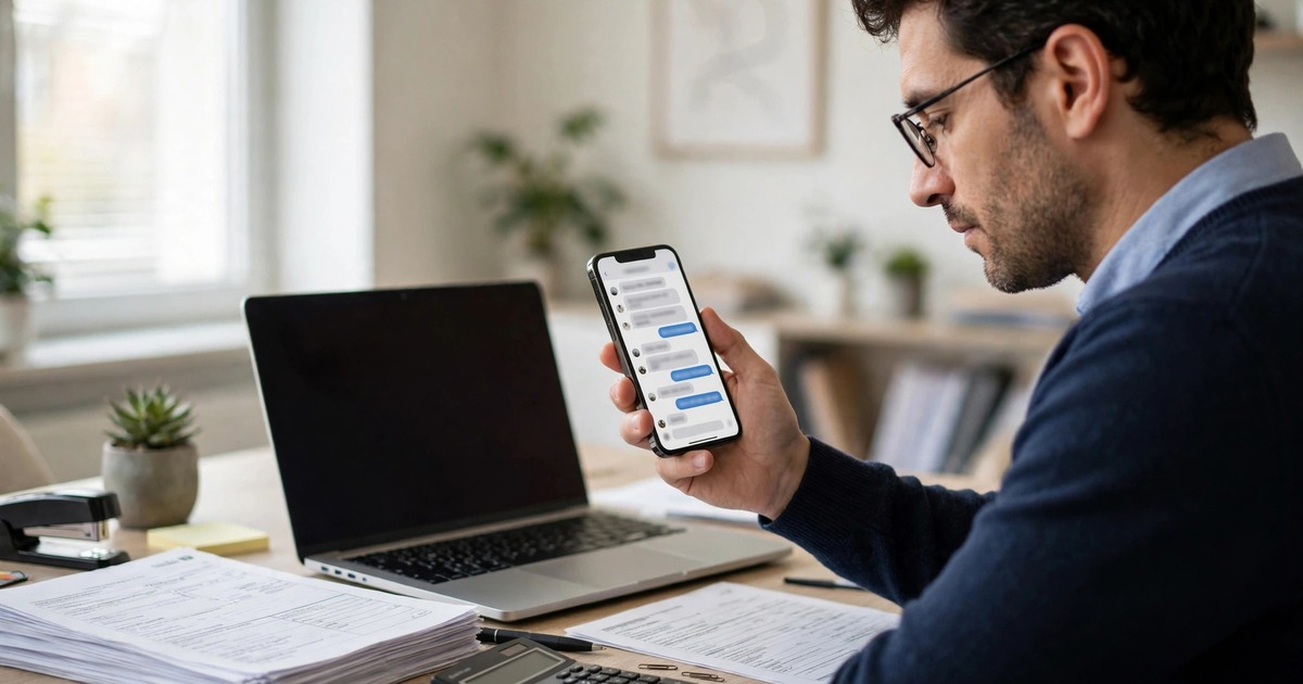 Accountant answering client messages on WhatsApp while reviewing documents at a desk